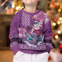 Hawaii Mele Kalikimaka Kid Ugly Christmas Sweater Funny Santa with Tribal Tattoos Kakau Purple Color - Polynesian Pride