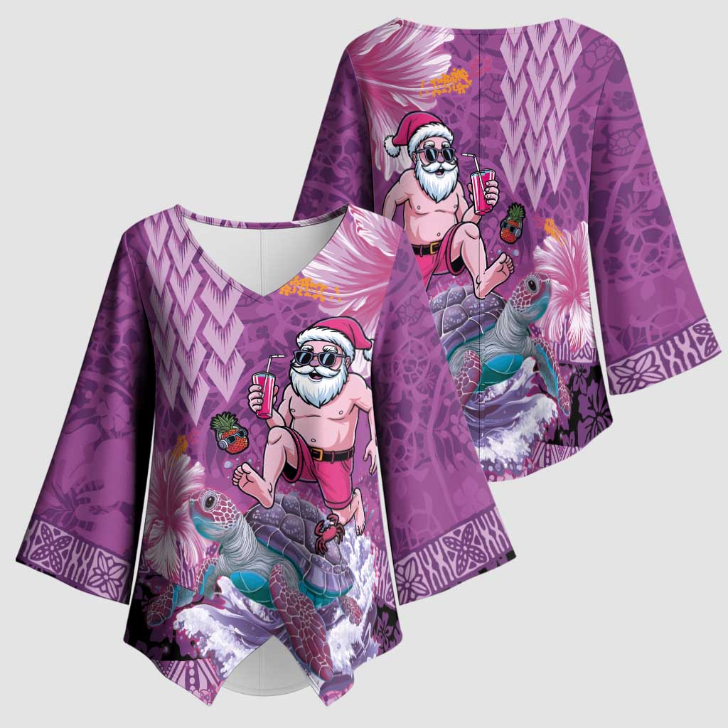 Hawaii Mele Kalikimaka Kimono Sleeve Blouse Funny Santa with Tribal Tattoos Kakau Purple Color - Polynesian Pride