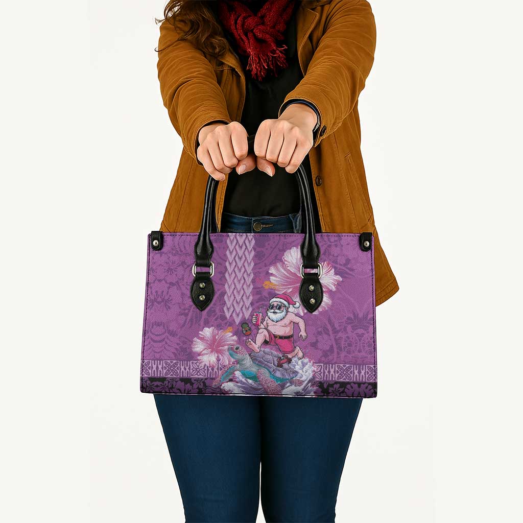 Hawaii Mele Kalikimaka Leather Bag Funny Santa with Tribal Tattoos Kakau Purple Color - Polynesian Pride