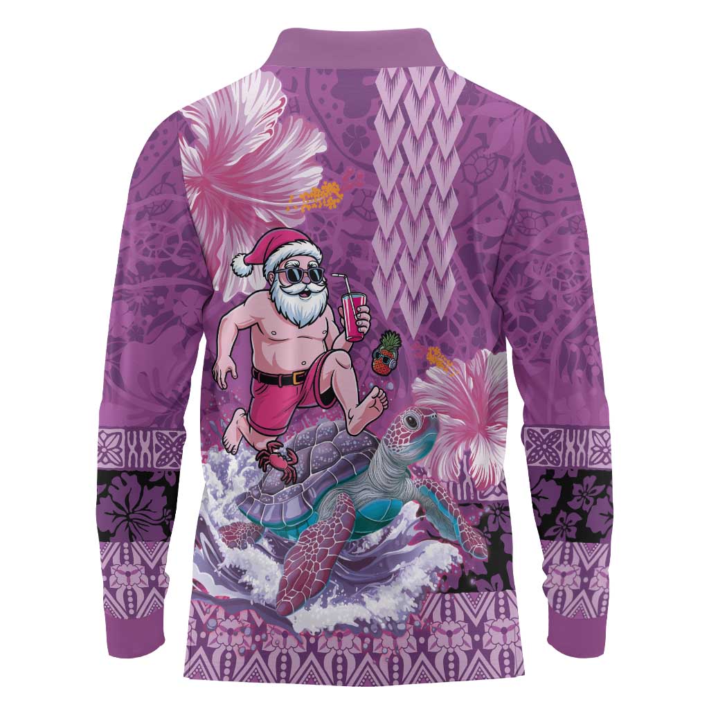 Hawaii Mele Kalikimaka Long Sleeve Polo Shirt Funny Santa with Tribal Tattoos Kakau Purple Color - Polynesian Pride