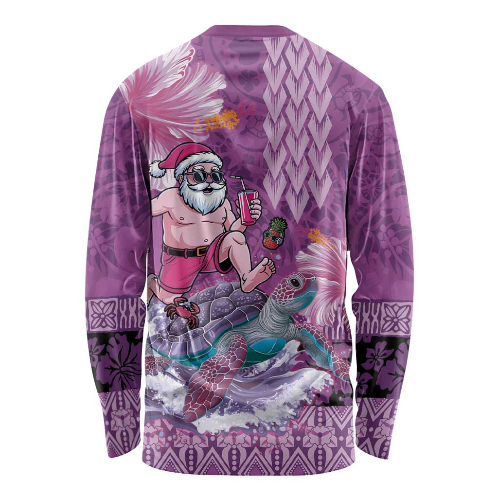 Hawaii Mele Kalikimaka Long Sleeve Shirt Funny Santa with Tribal Tattoos Kakau Purple Color - Polynesian Pride