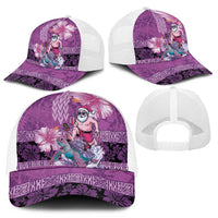 Hawaii Mele Kalikimaka Mesh Trucker Cap Funny Santa with Tribal Tattoos Kakau Purple Color - Polynesian Pride