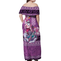 Hawaii Mele Kalikimaka Off Shoulder Maxi Dress Funny Santa with Tribal Tattoos Kakau Purple Color - Polynesian Pride
