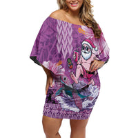 Hawaii Mele Kalikimaka Off Shoulder Short Dress Funny Santa with Tribal Tattoos Kakau Purple Color - Polynesian Pride