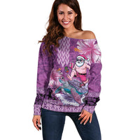 Hawaii Mele Kalikimaka Off Shoulder Sweater Funny Santa with Tribal Tattoos Kakau Purple Color - Polynesian Pride