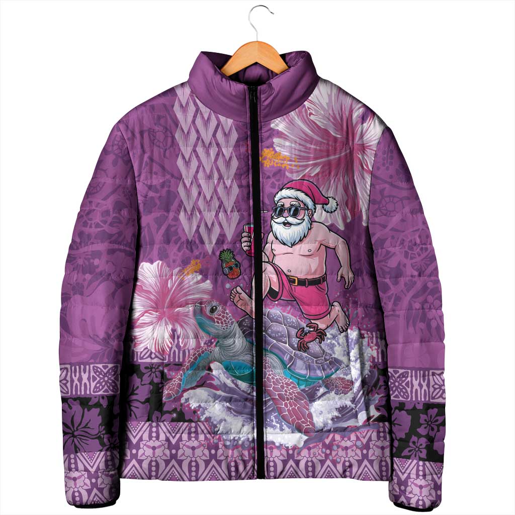 Hawaii Mele Kalikimaka Padded Jacket Funny Santa with Tribal Tattoos Kakau Purple Color - Polynesian Pride