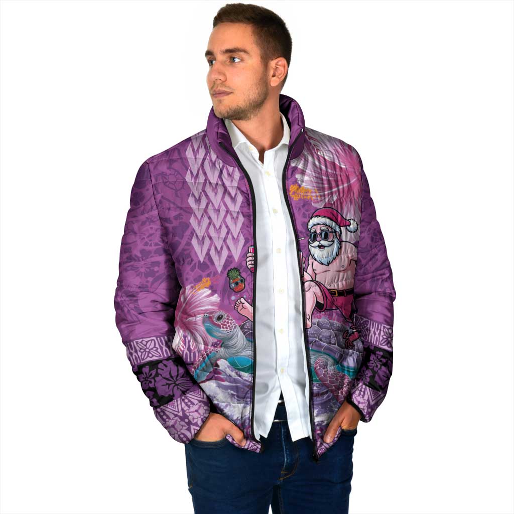 Hawaii Mele Kalikimaka Padded Jacket Funny Santa with Tribal Tattoos Kakau Purple Color - Polynesian Pride