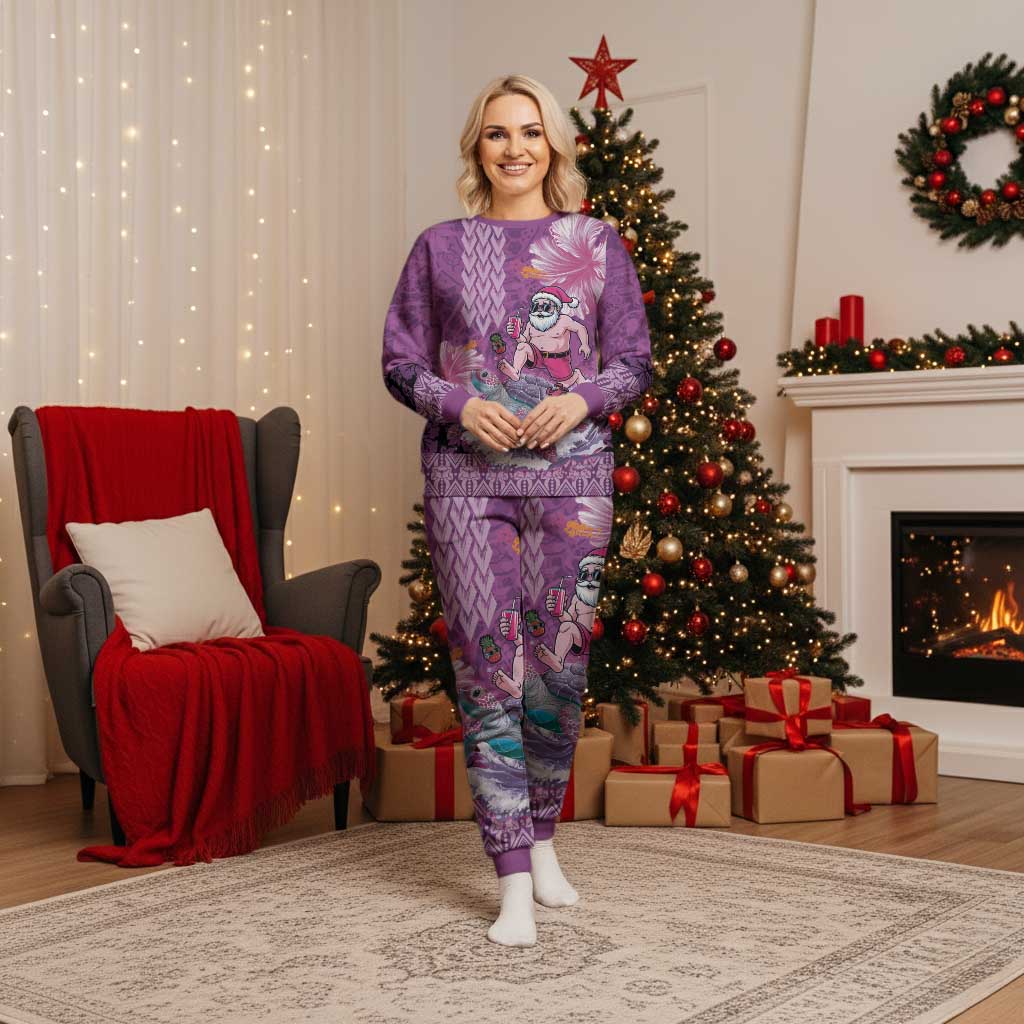 Hawaii Mele Kalikimaka Christmas Pajama Set Funny Santa with Tribal Tattoos Kakau Purple Color - Polynesian Pride