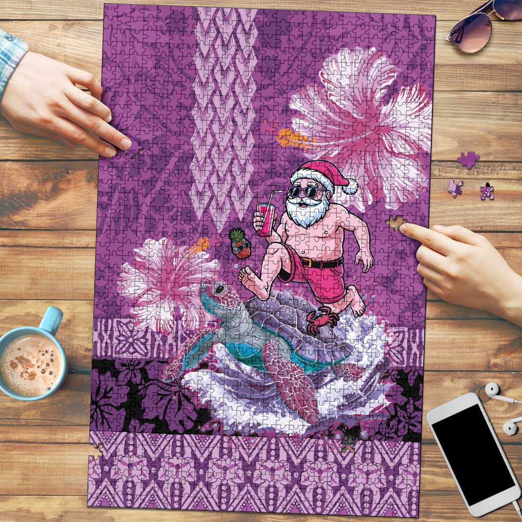 Hawaii Mele Kalikimaka Puzzle Funny Santa with Tribal Tattoos Kakau Purple Color - Polynesian Pride