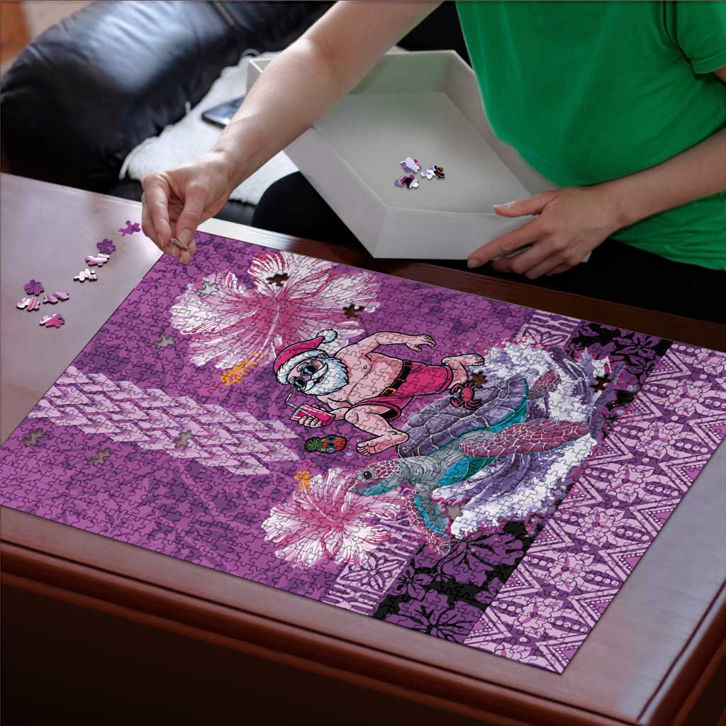 Hawaii Mele Kalikimaka Puzzle Funny Santa with Tribal Tattoos Kakau Purple Color - Polynesian Pride
