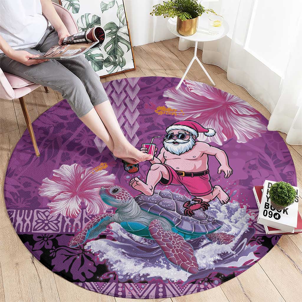 Hawaii Mele Kalikimaka Round Carpet Funny Santa with Tribal Tattoos Kakau Purple Color - Polynesian Pride