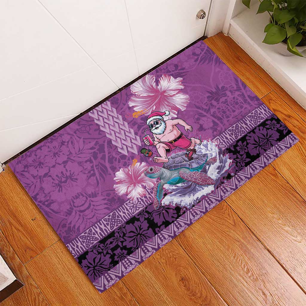 Hawaii Mele Kalikimaka Rubber Doormat Funny Santa with Tribal Tattoos Kakau Purple Color - Polynesian Pride