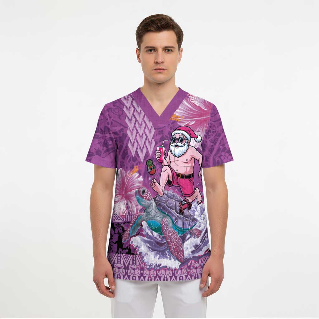 Hawaii Mele Kalikimaka Scrub Top Funny Santa with Tribal Tattoos Kakau Purple Color - Polynesian Pride