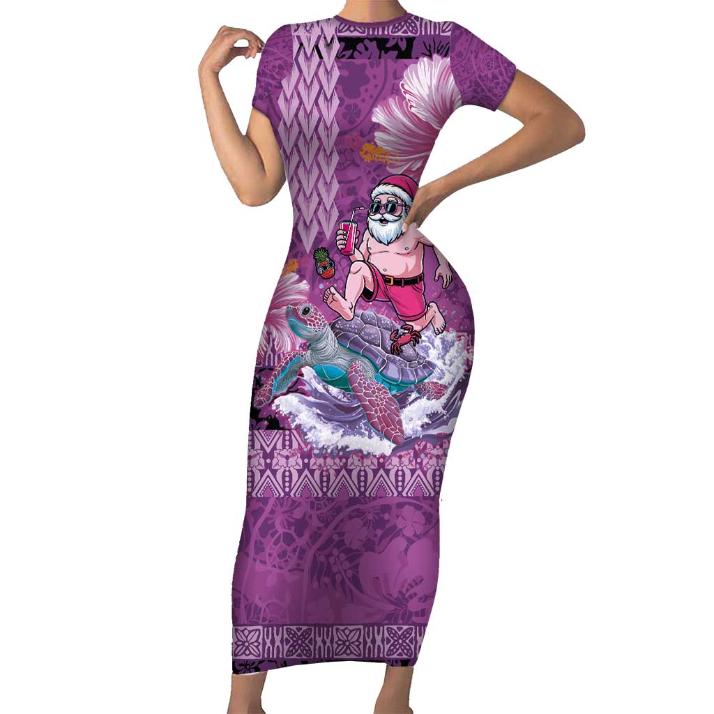 Hawaii Mele Kalikimaka Short Sleeve Bodycon Dress Funny Santa with Tribal Tattoos Kakau Purple Color - Polynesian Pride