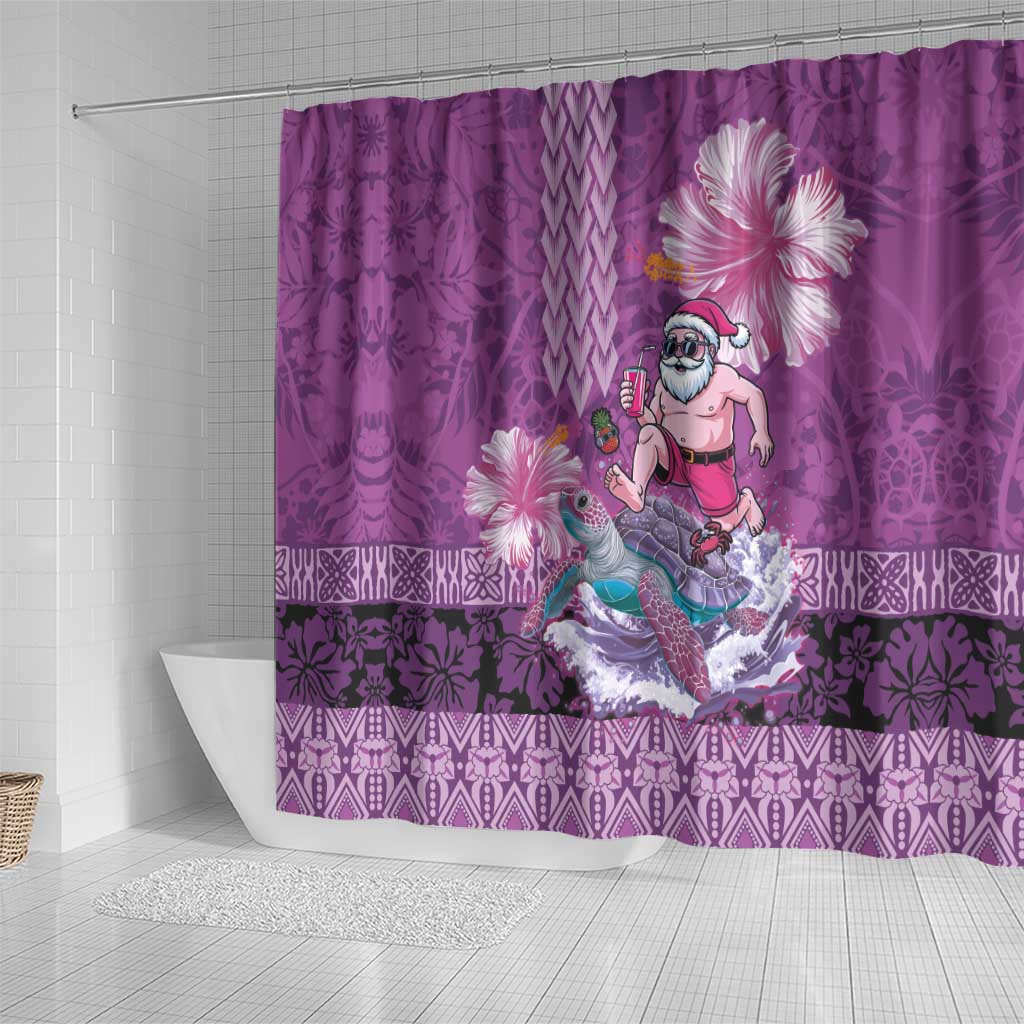 Hawaii Mele Kalikimaka Shower Curtain Funny Santa with Tribal Tattoos Kakau Purple Color - Polynesian Pride