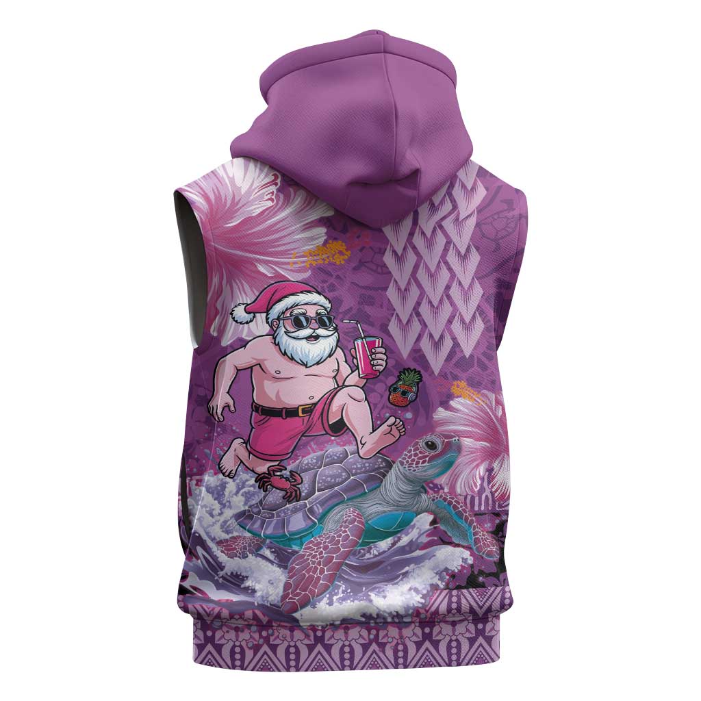 Hawaii Mele Kalikimaka Sleeveless Hoodie Funny Santa with Tribal Tattoos Kakau Purple Color - Polynesian Pride