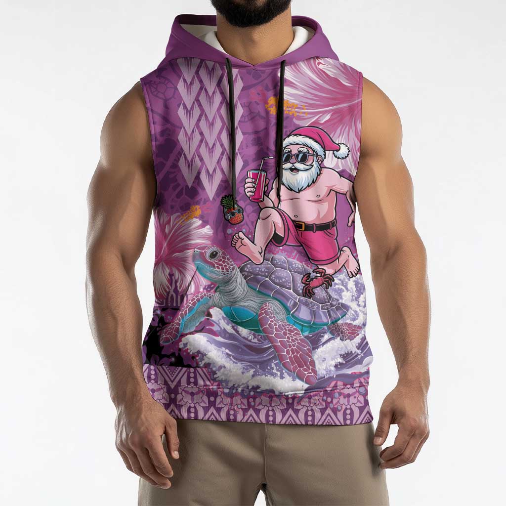 Hawaii Mele Kalikimaka Sleeveless Hoodie Funny Santa with Tribal Tattoos Kakau Purple Color - Polynesian Pride
