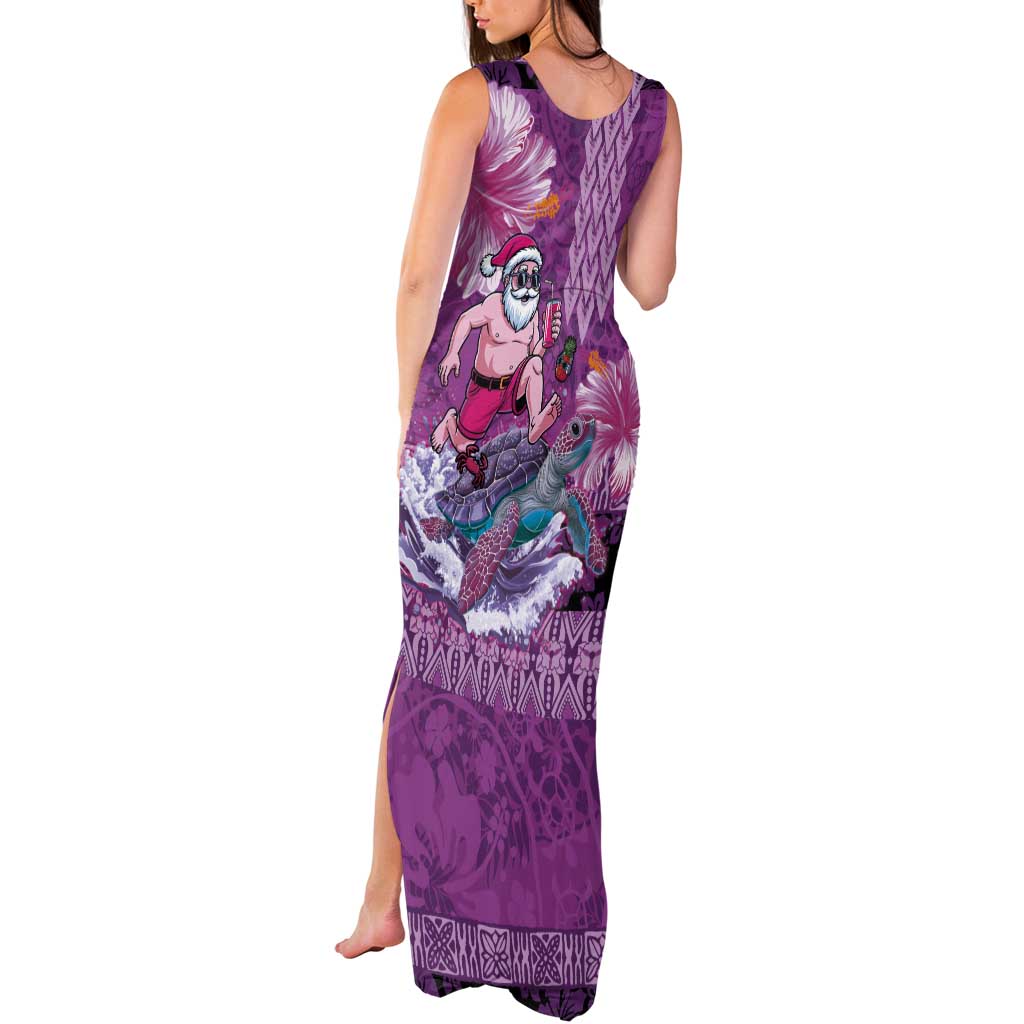 Hawaii Mele Kalikimaka Tank Maxi Dress Funny Santa with Tribal Tattoos Kakau Purple Color - Polynesian Pride