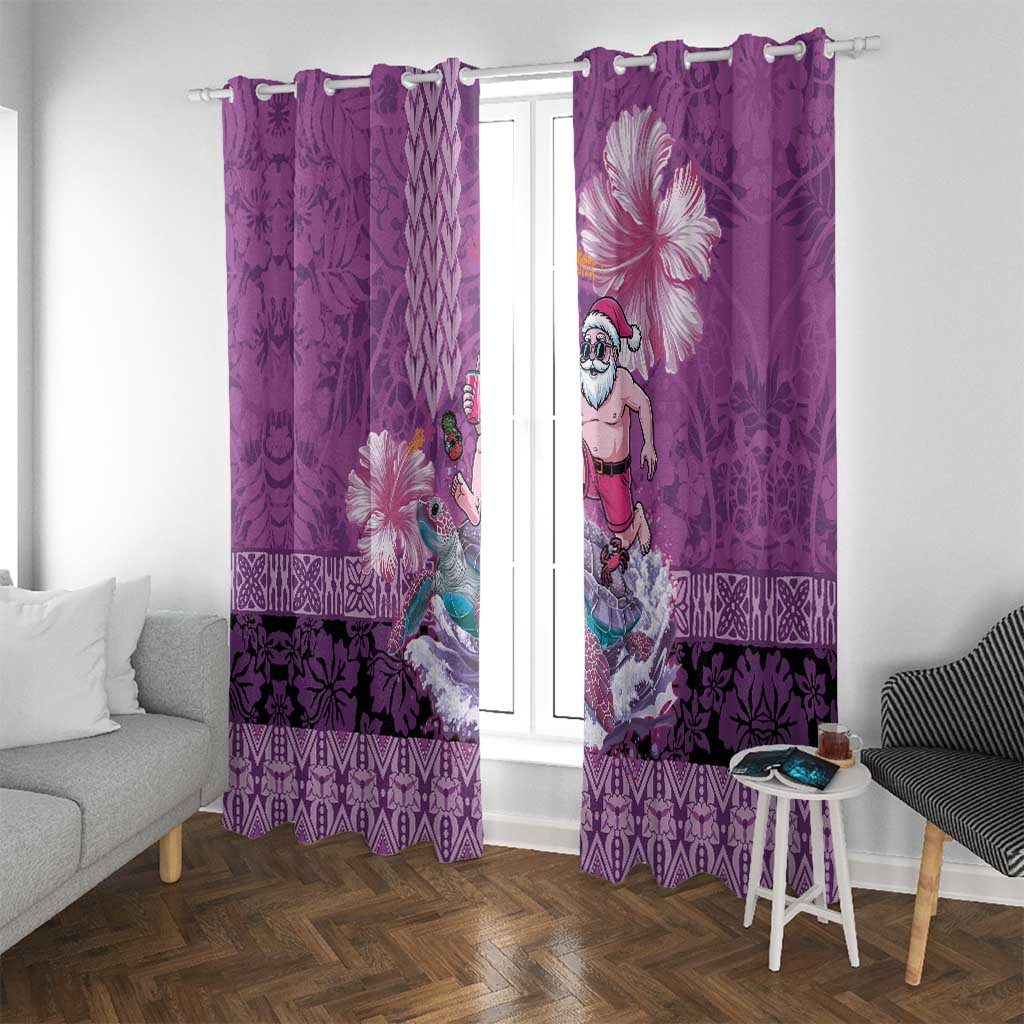 Hawaii Mele Kalikimaka Window Curtain Funny Santa with Tribal Tattoos Kakau Purple Color - Polynesian Pride