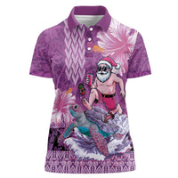 Hawaii Mele Kalikimaka Women Polo Shirt Funny Santa with Tribal Tattoos Kakau Purple Color - Polynesian Pride