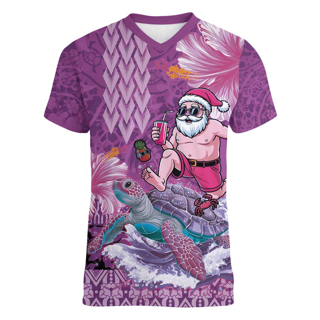 Hawaii Mele Kalikimaka Women V-Neck T-Shirt Funny Santa with Tribal Tattoos Kakau Purple Color - Polynesian Pride