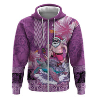 Hawaii Mele Kalikimaka Zip Hoodie Funny Santa with Tribal Tattoos Kakau Purple Color - Polynesian Pride