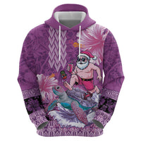 Hawaii Mele Kalikimaka Zip Hoodie Funny Santa with Tribal Tattoos Kakau Purple Color - Polynesian Pride
