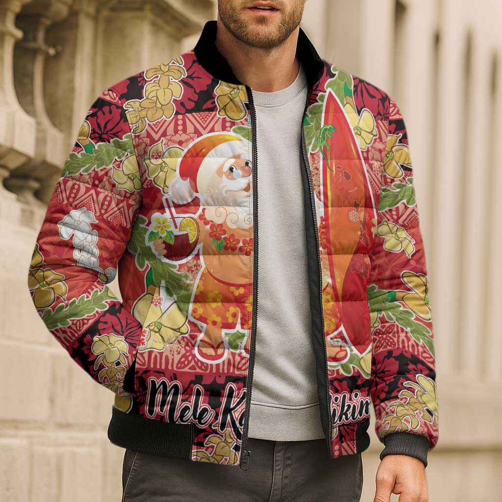 Hawaii Santa Mele Kalikimaka Bomber Puffer Jacket Tropical Puakenikeni Lei with Polynesian Tribal Pattern - Polynesian Pride