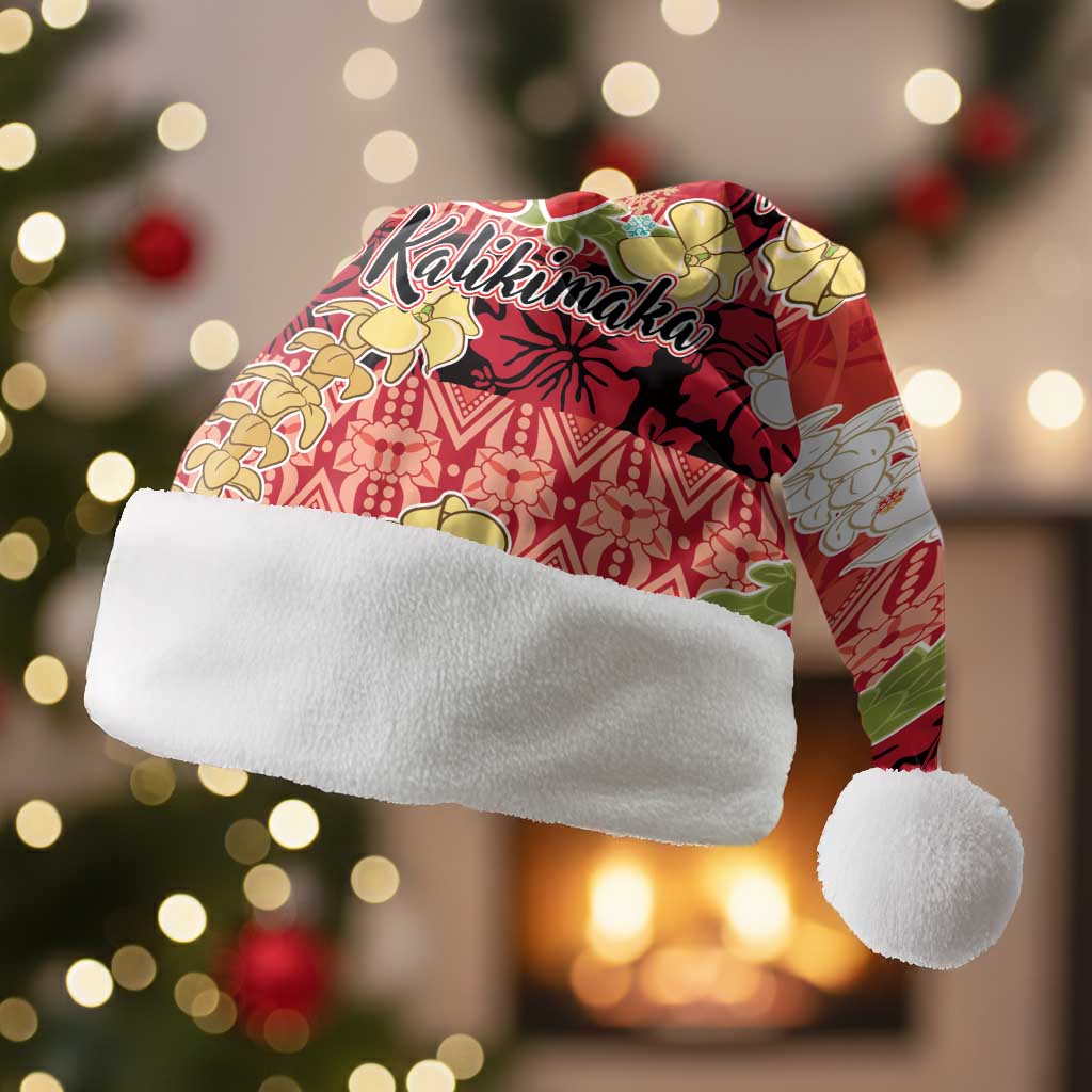 Hawaii Santa Mele Kalikimaka Christmas Santa Hat Tropical Puakenikeni Lei with Polynesian Tribal Pattern - Polynesian Pride