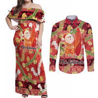 Hawaii Santa Mele Kalikimaka Couples Matching Off Shoulder Maxi Dress and Long Sleeve Button Shirt Tropical Puakenikeni Lei with Polynesian Tribal Pattern - Polynesian Pride