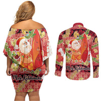 Hawaii Santa Mele Kalikimaka Couples Matching Off Shoulder Short Dress and Long Sleeve Button Shirt Tropical Puakenikeni Lei with Polynesian Tribal Pattern - Polynesian Pride