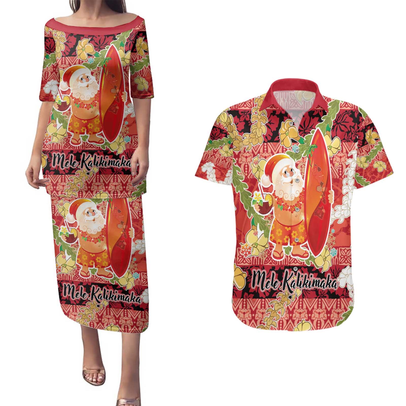Hawaii Santa Mele Kalikimaka Couples Matching Puletasi and Hawaiian Shirt Tropical Puakenikeni Lei with Polynesian Tribal Pattern - Polynesian Pride