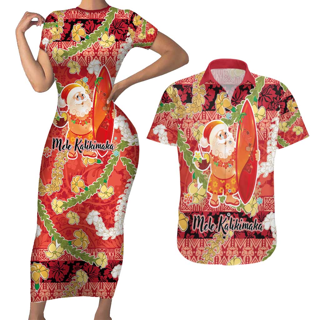 Hawaii Santa Mele Kalikimaka Couples Matching Short Sleeve Bodycon Dress and Hawaiian Shirt Tropical Puakenikeni Lei with Polynesian Tribal Pattern - Polynesian Pride