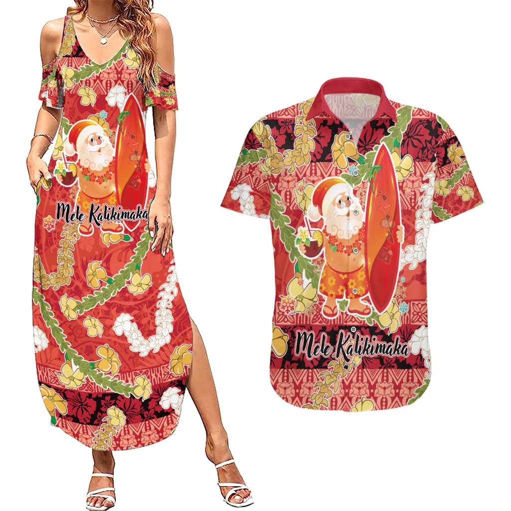 Hawaii Santa Mele Kalikimaka Couples Matching Summer Maxi Dress and Hawaiian Shirt Tropical Puakenikeni Lei with Polynesian Tribal Pattern - Polynesian Pride