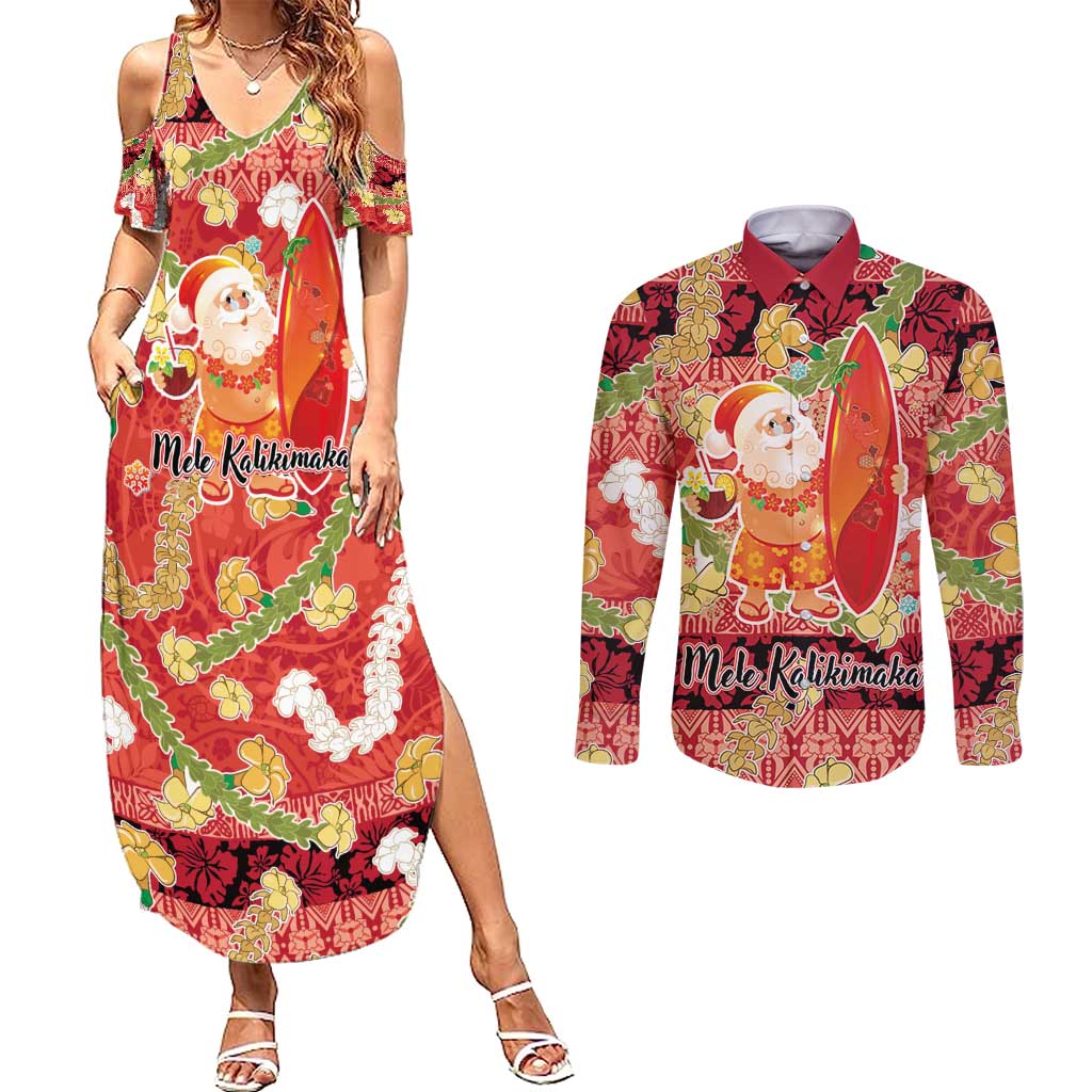 Hawaii Santa Mele Kalikimaka Couples Matching Summer Maxi Dress and Long Sleeve Button Shirt Tropical Puakenikeni Lei with Polynesian Tribal Pattern - Polynesian Pride
