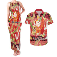 Hawaii Santa Mele Kalikimaka Couples Matching Tank Maxi Dress and Hawaiian Shirt Tropical Puakenikeni Lei with Polynesian Tribal Pattern - Polynesian Pride