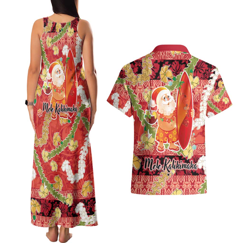 Hawaii Santa Mele Kalikimaka Couples Matching Tank Maxi Dress and Hawaiian Shirt Tropical Puakenikeni Lei with Polynesian Tribal Pattern - Polynesian Pride