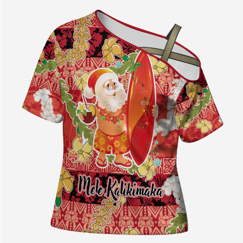 Hawaii Santa Mele Kalikimaka Cross Shoulder Shirt Tropical Puakenikeni Lei with Polynesian Tribal Pattern - Polynesian Pride