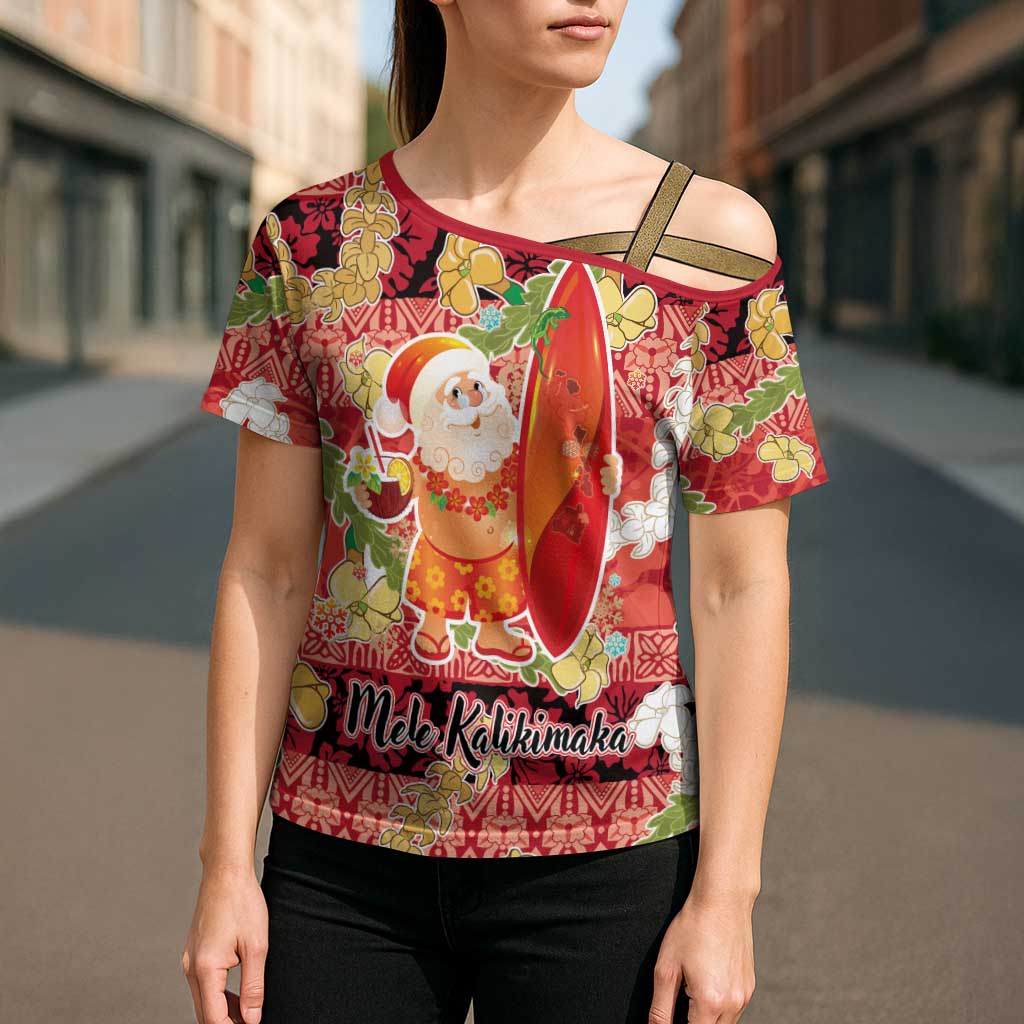 Hawaii Santa Mele Kalikimaka Cross Shoulder Shirt Tropical Puakenikeni Lei with Polynesian Tribal Pattern - Polynesian Pride