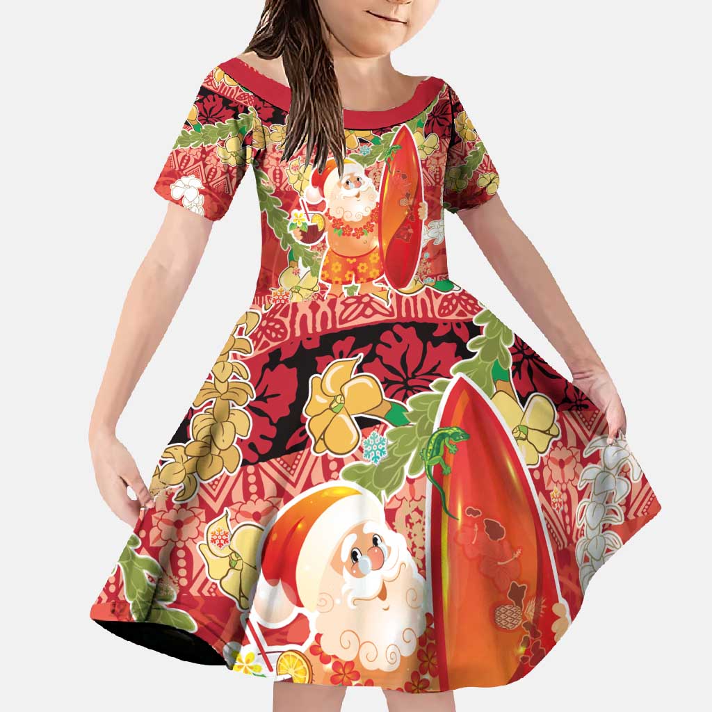 Hawaii Santa Mele Kalikimaka Family Matching Mermaid Dress and Hawaiian Shirt Tropical Puakenikeni Lei with Polynesian Tribal Pattern - Polynesian Pride