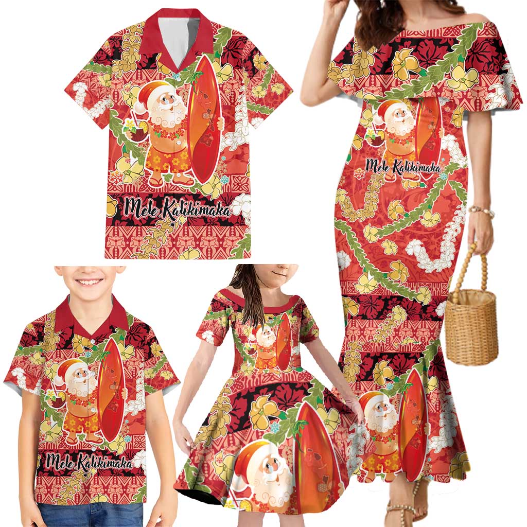 Hawaii Santa Mele Kalikimaka Family Matching Mermaid Dress and Hawaiian Shirt Tropical Puakenikeni Lei with Polynesian Tribal Pattern - Polynesian Pride