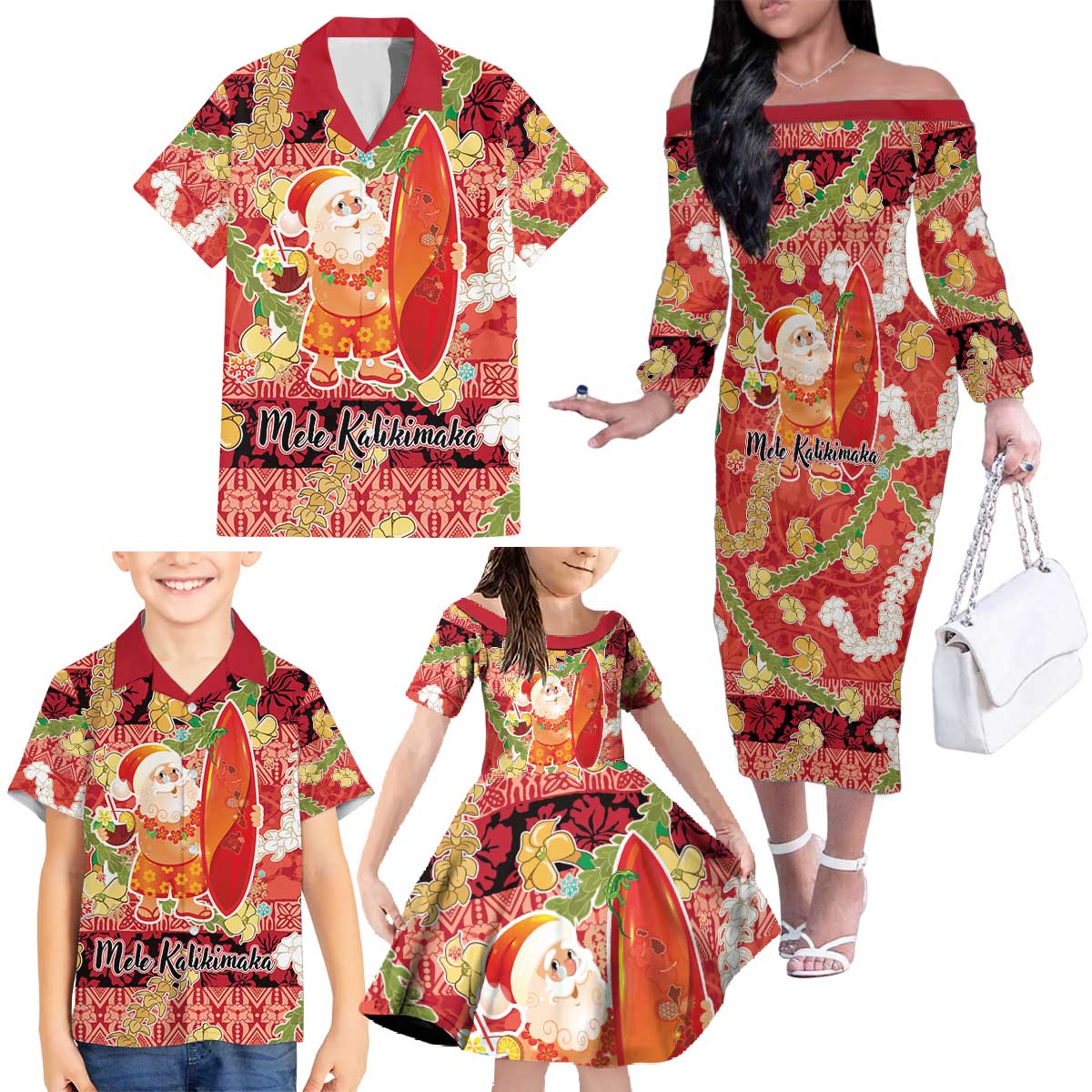Hawaii Santa Mele Kalikimaka Family Matching Off The Shoulder Long Sleeve Dress and Hawaiian Shirt Tropical Puakenikeni Lei with Polynesian Tribal Pattern - Polynesian Pride