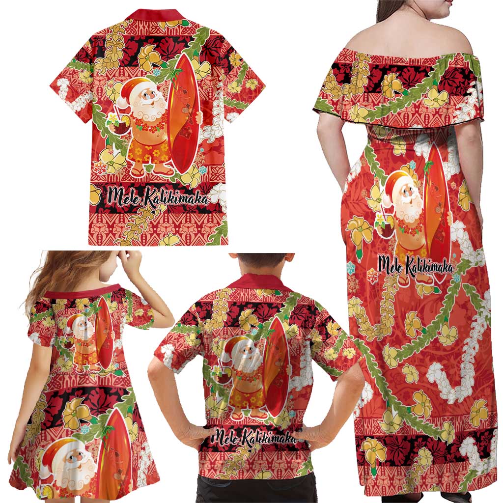 Hawaii Santa Mele Kalikimaka Family Matching Off Shoulder Maxi Dress and Hawaiian Shirt Tropical Puakenikeni Lei with Polynesian Tribal Pattern - Polynesian Pride