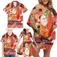 Hawaii Santa Mele Kalikimaka Family Matching Off Shoulder Short Dress and Hawaiian Shirt Tropical Puakenikeni Lei with Polynesian Tribal Pattern - Polynesian Pride