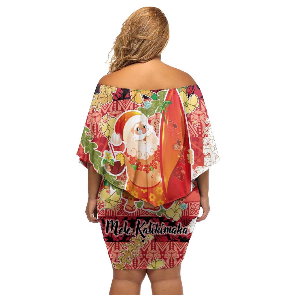 Hawaii Santa Mele Kalikimaka Family Matching Off Shoulder Short Dress and Hawaiian Shirt Tropical Puakenikeni Lei with Polynesian Tribal Pattern - Polynesian Pride