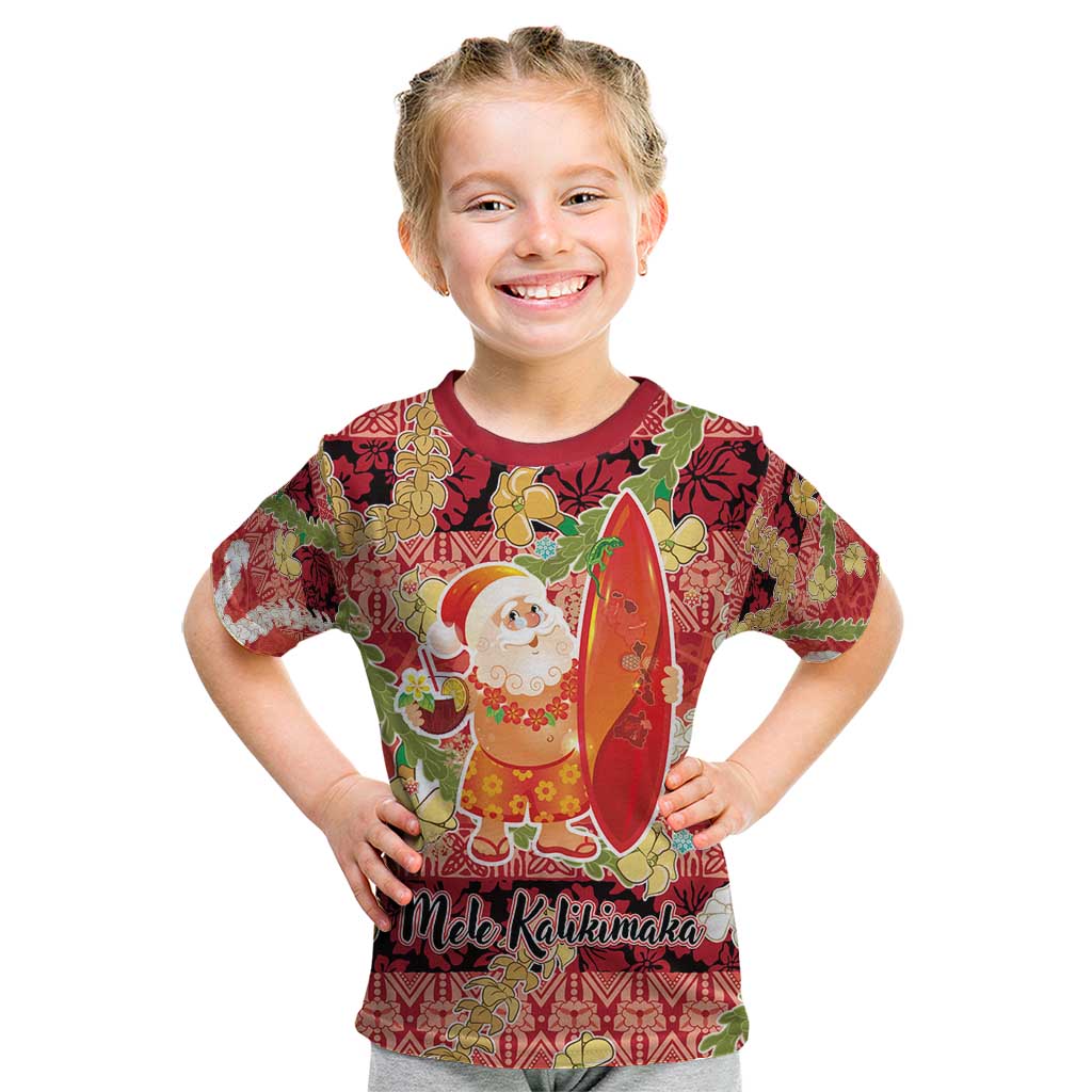 Hawaii Santa Mele Kalikimaka Kid T Shirt Tropical Puakenikeni Lei with Polynesian Tribal Pattern - Polynesian Pride