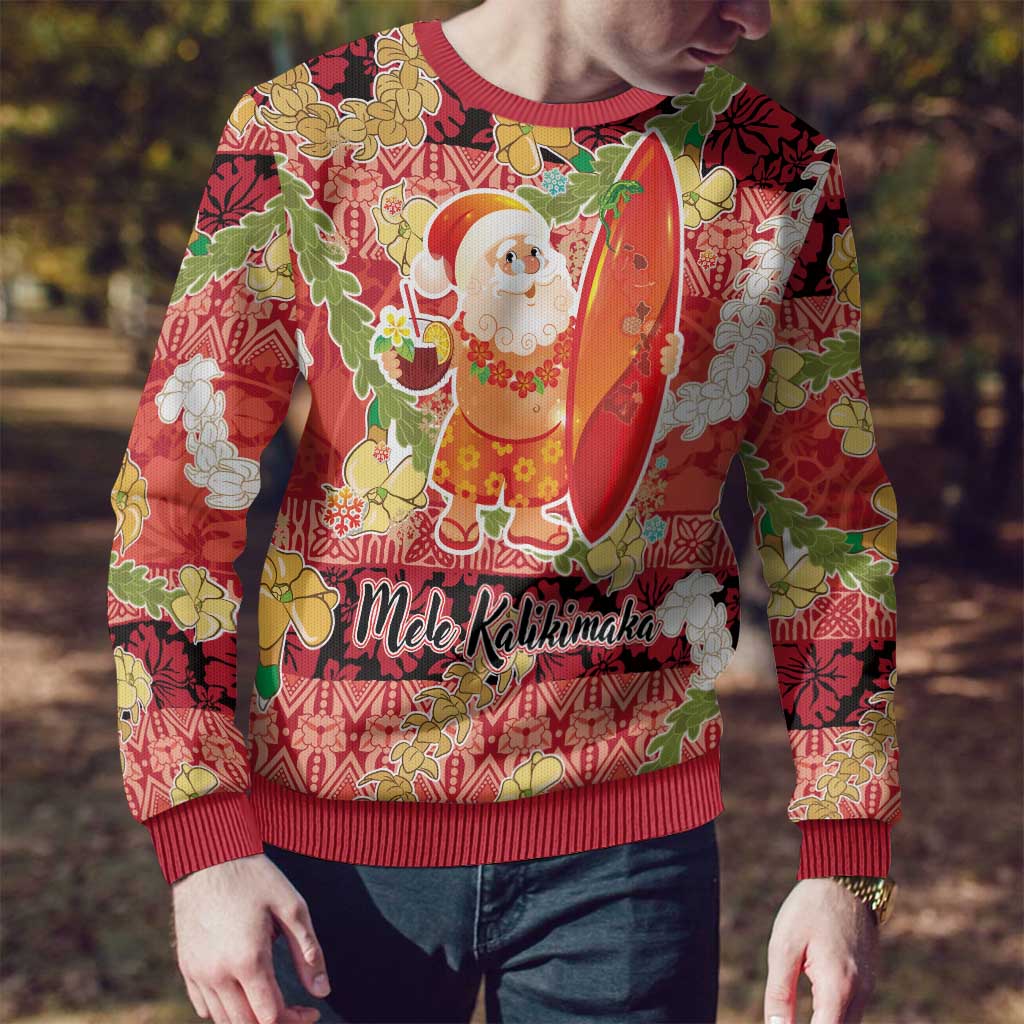 Hawaii Santa Mele Kalikimaka Ugly Christmas Sweater Tropical Puakenikeni Lei with Polynesian Tribal Pattern - Polynesian Pride