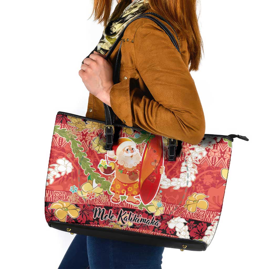 Hawaii Santa Mele Kalikimaka Leather Tote Bag Tropical Puakenikeni Lei with Polynesian Tribal Pattern - Polynesian Pride