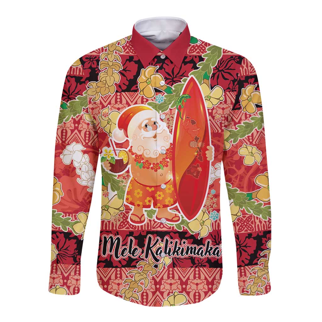 Hawaii Santa Mele Kalikimaka Long Sleeve Button Shirt Tropical Puakenikeni Lei with Polynesian Tribal Pattern - Polynesian Pride
