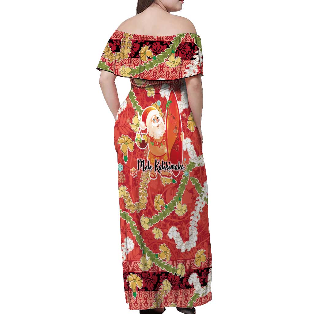 Hawaii Santa Mele Kalikimaka Off Shoulder Maxi Dress Tropical Puakenikeni Lei with Polynesian Tribal Pattern - Polynesian Pride